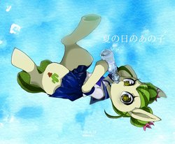 Size: 1600x1320 | Tagged: safe, artist:potetecyu_to, oc, oc only, oc:saboco, cactus pony, pony, cactus, cider, clothes, cute, drink, drinking, female, hair bun, looking at you, mare, moe, ocbetes, on back, pleated skirt, school uniform, skirt, solo, underhoof