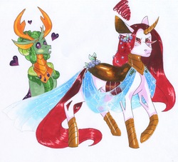 Size: 2705x2457 | Tagged: safe, artist:frozensoulpony, thorax, oc, oc:miyama, changedling, changeling, g4, high res, king thorax, traditional art