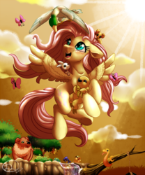 Size: 300x360 | Tagged: safe, artist:mimkage, fluttershy, bear, bird, duck, mallard, pegasus, pony, snake, g4, cute, female, flying, mare, shyabetes, smiling