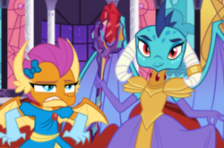 Size: 1214x800 | Tagged: safe, artist:emositecc, artist:queencold, artist:wild-hearts, princess ember, smolder, dragon, g4, annoyed, bloodstone scepter, bow, clothes, dragon lord ember, dragoness, dragonlord, dragons wearing clothes, dress, duo, female, gala dress, gloves, grimace, hilarious in hindsight, horn, horn ring, looking at you, princess smolder, smiling, smolder also dresses in style