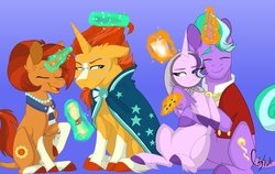 Size: 1024x647 | Tagged: safe, artist:colourstrike, firelight, starlight glimmer, stellar flare, sunburst, pony, unicorn, g4, the parent map, clothes, coat markings, cookie, father and daughter, fathers gonna father, female, food, glowing horn, headscarf, horn, hug, magic, male, mare, milk, mother and son, mothers gonna mother, scarf, smiling, socks (coat markings), stallion, starlight glimmer is not amused, sunburst is not amused, telekinesis, unamused