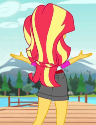 Size: 557x720 | Tagged: safe, screencap, sunset shimmer, equestria girls, g4, my little pony equestria girls: legend of everfree, animated, camp everfree outfits, clothes, cropped, cute, female, gif, looking at you, mountain, pier, river, shimmerbetes, shorts, solo