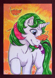 Size: 659x940 | Tagged: safe, artist:farthingale, gusty, pony, unicorn, g1, female, mare, smiling, solo