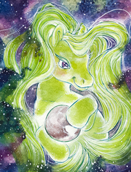 Size: 500x659 | Tagged: safe, artist:annapommes, bootleg, female, glowing, goddess, green, mare, planet, pluto (planet), pony bigger than a planet, space, stars, tangible heavenly object