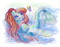 Size: 500x395 | Tagged: safe, artist:annapommes, oc, oc only, fish, pony, seapony (g4), blue eyes, dorsal fin, female, fin wings, fins, fish tail, flowing mane, flowing tail, ocean, open mouth, ponified, princess ariel, red mane, smiling, solo, swimming, tail, teeth, the little mermaid, traditional art, underwater, water, wings