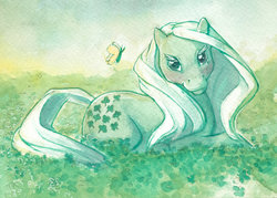 Size: 1024x732 | Tagged: safe, artist:annapommes, minty (g1), butterfly, earth pony, pony, g1, female, looking at you, mare, prone, solo, traditional art, watercolor painting