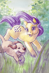 Size: 600x882 | Tagged: safe, artist:annapommes, baby lemon drop, dog, earth pony, pony, g1, duo, female, mare