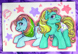 Size: 1200x832 | Tagged: safe, artist:farthingale, baby sunnybunch, baby sunribbon, earth pony, pony, g1, blushing, duo, duo female, female, filly, foal, smiling, tail, traditional art