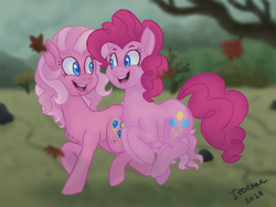 Size: 2732x2048 | Tagged: safe, artist:itoruna-the-platypus, pinkie pie, pinkie pie (g3), earth pony, pony, g3, g4, duo, g3 to g4, generation leap, generational ponidox, happy, high res, looking at each other, open mouth, pronking, self ponidox, smiling