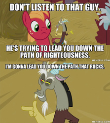 Size: 600x674 | Tagged: safe, edit, edited screencap, screencap, big macintosh, discord, draconequus, pony, g4, the break up breakdown, image macro, kronk, male, meme, memeful.com, shoulder devil, shoulder discord, stallion, the emperor's new groove