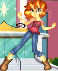 Size: 1227x1503 | Tagged: safe, artist:chaostrical, artist:doraeartdreams-aspy, oc, oc:aspen, equestria girls, g4, base used, canterlot high, clothes, collaboration, equestria girls-ified, smiling, stairs