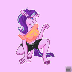 Size: 1200x1200 | Tagged: safe, artist:fizzlesoda2000, starlight glimmer, unicorn, anthro, unguligrade anthro, album cover, braless, breasts, clothes, colored hooves, female, hot pants, mare, midriff, off shoulder, simple background, sitting, solo, squatting, stupid sexy starlight glimmer
