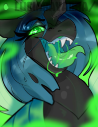 Size: 540x695 | Tagged: safe, artist:rayadra, queen chrysalis, changeling, changeling queen, bust, digital art, drool, fangs, female, glowing eyes, green eyes, lidded eyes, looking at you, mare, sharp teeth, slit pupils, solo, teeth, tongue out, watermark