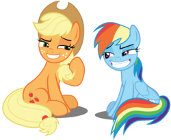 Size: 1250x1020 | Tagged: safe, artist:spellboundcanvas, applejack, rainbow dash, earth pony, pegasus, pony, non-compete clause, duo, faic, grin, looking at each other, simple background, sitting, smiling, transparent background