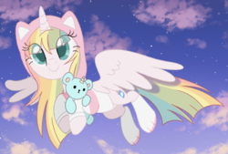 Size: 701x473 | Tagged: safe, artist:owlity, oc, oc only, oc:sweet dreams, alicorn, pony, alicorn oc, clothes, cloud, cute, female, flying, mare, night, ocbetes, pastel, rainbow, smiling, solo, spread wings, stars, sweater, teddy bear, wings