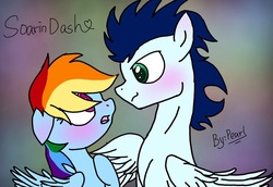 Size: 1077x742 | Tagged: safe, artist:pearldash, rainbow dash, soarin', g4, blushing, female, male, ship:soarindash, shipping, straight