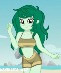 Size: 1024x1214 | Tagged: safe, artist:danielitamlp, wallflower blush, human, equestria girls, equestria girls series, forgotten friendship, g4, adorasexy, beach, belly button, bikini, bikini top, bra, breasts, brown eyes, brown swimsuit, busty wallflower blush, cleavage, clothes, cloud, cute, eyebrows, eyelashes, female, freckles, green hair, happy, hips, long hair, looking at you, midriff, ocean, pose, rock, sand, sexy, shorts, sky, smiling, solo, striped swimsuit, stripes, swimsuit