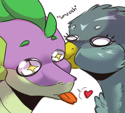 Size: 1100x1000 | Tagged: safe, artist:yuyusunshine, gabby, spike, dragon, griffon, g4, cheek kiss, dialogue, eyebrows, female, fluffy, heart, hilarious in hindsight, kissing, male, mlem, older, older spike, ship:spabby, shipping, silly, simple background, starry eyes, straight, tongue out, white background, wingding eyes