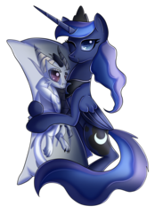 Size: 1228x1677 | Tagged: safe, artist:elmutanto, princess luna, oc, oc:nugget, alicorn, dragon, pony, g4, body pillow, female, implied canon x oc, looking at you, mare, simple background, smiling, solo, transparent background