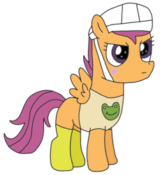 Size: 983x1074 | Tagged: safe, artist:supahdonarudo, scootaloo, frog, g4, animal crossing, clothes, cosplay, costume, female, helmet, name pun, scoot (animal crossing), shirt, simple background, socks, solo, transparent background, vinesauce