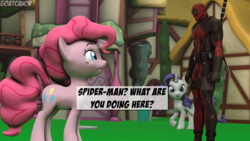 Size: 3840x2160 | Tagged: safe, artist:goatcanon, pinkie pie, rarity, pony, g4, 3d, crossover, deadpool, high res, male, marvel, marvel comics, ponyville, source filmmaker, spider-man, trio