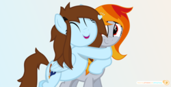 Size: 3733x1896 | Tagged: safe, artist:potato22, oc, oc only, oc:shinycyan, oc:tridashie, pegasus, pony, duo, eyes closed, female, hug, mare, simple background, smiling, vector