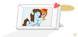Size: 3792x1823 | Tagged: safe, artist:potato22, oc, oc only, oc:shinycyan, oc:tridashie, pony, baguette, bread, duo, eyes closed, food, frame, hug, simple background, vector