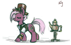 Size: 4700x3000 | Tagged: safe, artist:ami-gami, jasmine leaf, earth pony, pony, g4, clothes, colored sketch, female, hat, mare, simple background, solo, steampunk, teapot, top hat, vest, white background