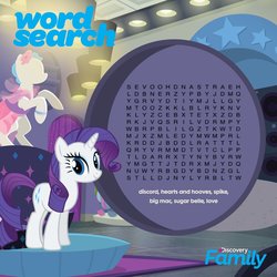 Size: 1080x1080 | Tagged: safe, rarity, pony, g4, official, discovery family logo, female, hearts and hooves day, implied big macintosh, implied discord, implied spike, implied sugar belle, implied sugarmac, solo, word search