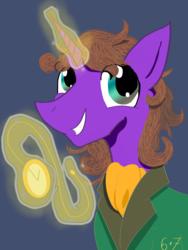 Size: 1536x2048 | Tagged: safe, artist:sixes&sevens, derpibooru exclusive, doctor whooves, time turner, pony, unicorn, g4, ascot, bust, clothes, cravat, doctor who, eighth doctor, frock coat, glowing horn, horn, magic, male, paul mcgann, pocket watch, stallion, telekinesis, velvet