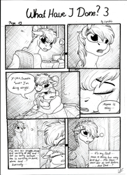 Size: 2550x3506 | Tagged: safe, artist:lupiarts, oc, oc only, oc:camilla curtain, oc:chess, oc:sally, comic:what have i done, black and white, comic, crying, daughter, female, grayscale, high res, hug, monochrome, mother, sad, sisters, speech bubble, traditional art