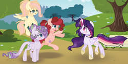 Size: 1301x653 | Tagged: dead source, safe, artist:moon-rose-rosie, oc, oc only, oc:celestial moon, oc:chocolate sprinkles, oc:crystal flame, oc:magnolia, alicorn, dracony, hybrid, pegasus, pony, earth, female, interspecies offspring, magical lesbian spawn, mare, offspring, parent:bulk biceps, parent:cheese sandwich, parent:fluttershy, parent:pinkie pie, parent:rainbow dash, parent:rarity, parent:spike, parent:twilight sparkle, parents:cheesepie, parents:flutterbulk, parents:sparity, parents:twidash