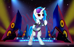 Size: 2821x1793 | Tagged: safe, artist:alexcooler, dj pon-3, vinyl scratch, pony, unicorn, g4, background pony, bipedal, electric guitar, female, guitar, hard rock, music, musical instrument, rock (music), rock and roll, solo, speaker, standing, wrong eye color