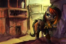 Size: 3000x2000 | Tagged: safe, artist:jedayskayvoker, oc, oc only, oc:rainy sky, pegasus, pony, fallout equestria, clothes, commission, female, gun, high res, house, looking back, mare, multicolored mane, multicolored tail, ruins, solo, weapon, ych result