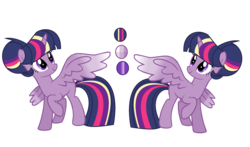 Size: 2352x1384 | Tagged: dead source, safe, artist:rainbows-skies, twilight sparkle, alicorn, pony, g4, alternate hairstyle, colored wings, female, gradient wings, raised hoof, reference sheet, simple background, solo, transparent background, twilight sparkle (alicorn), wings