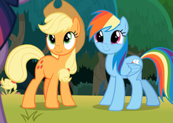 Size: 1009x720 | Tagged: safe, screencap, applejack, rainbow dash, earth pony, pegasus, pony, g4, non-compete clause, cowboy hat, cropped, cute, dashabetes, duo focus, female, hat, jackabetes, mare, offscreen character, smiling
