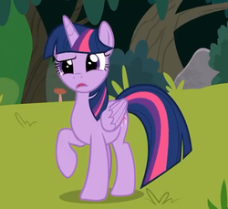 Size: 472x432 | Tagged: safe, screencap, twilight sparkle, alicorn, pony, g4, non-compete clause, confused, cropped, female, forest, horn, mare, raised hoof, solo, twilight sparkle (alicorn), wings