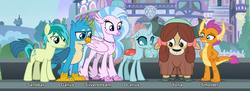 Size: 6000x2195 | Tagged: safe, gallus, ocellus, sandbar, silverstream, smolder, yona, changedling, changeling, classical hippogriff, dragon, griffon, hippogriff, pony, yak, g4, season 8, cloven hooves, dragoness, female, male, student six