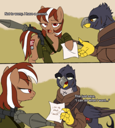 Size: 2480x2760 | Tagged: safe, artist:mellowhen, oc, oc only, oc:roulette, griffon, fallout equestria, 2 panel comic, armor, clothes, comic, dialogue, griffon oc, high res, hoof hold, looking at you, meme, meme origin, military, ncr, open mouth, parks and recreation, rocket launcher, ron swanson, rpg-7