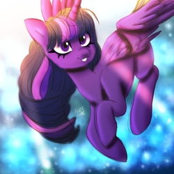 Size: 1000x1000 | Tagged: safe, artist:fazzfuck, twilight sparkle, alicorn, pony, g4, female, flying, mare, smiling, solo, twilight sparkle (alicorn)