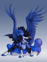 Size: 1239x1638 | Tagged: safe, artist:jay-kuro, princess luna, alicorn, anthro, unguligrade anthro, g4, clothes, dagger, female, simple background, solo, weapon, wings