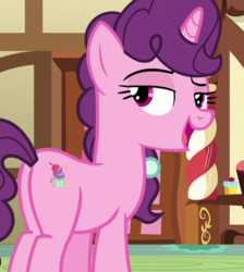 Size: 642x718 | Tagged: safe, screencap, sugar belle, pony, unicorn, g4, my little pony: friendship is magic, the break up breakdown, butt, cropped, female, lidded eyes, mare, open mouth, plot, raised eyebrow, solo, sugar butt