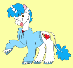 Size: 3724x3460 | Tagged: safe, artist:sodaaz, oc, oc only, oc:doodle dream, pony, unicorn, high res, male, simple background, solo, stallion, teenager, yellow background