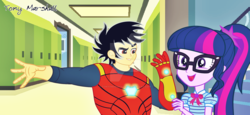 Size: 1280x591 | Tagged: safe, artist:tonyxmarshall2, sci-twi, twilight sparkle, oc, oc:tony marshall, equestria girls, equestria girls series, g4, bowtie, canterlot high, clothes, costume, cute, door, geode of telekinesis, glasses, iron man, lockers, looking at each other, magical geodes, open mouth, ponytail, stairs, twiabetes, watermark