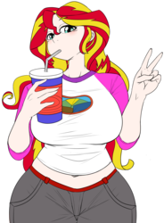 Size: 1880x2550 | Tagged: safe, artist:celine-artnsfw, sunset shimmer, human, g4, big breasts, breasts, busty sunset shimmer, clothes, drink, drinking, drinking straw, female, human coloration, humanized, looking at you, pants, peace sign, shirt, simple background, soda, solo, t-shirt, thick, transparent background, vector, wide hips