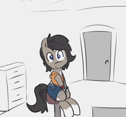 Size: 2532x2358 | Tagged: safe, artist:davierocket, oc, oc only, oc:longfolia, pony, armband, clothes, crossdressing, daisy dukes, high res, jeans, looking at you, male, messy mane, pants, ripped jeans, shorts, simple background, sitting, solo, stool