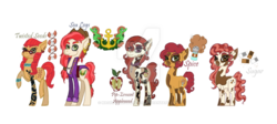 Size: 1024x457 | Tagged: safe, artist:magicandmysterygal, oc, oc only, oc:pip-erment appleseed, oc:sea legs, oc:spice, oc:sugar, oc:twisted seeds, earth pony, pony, beard, blaze (coat marking), blushing, bracelet, choker, clothes, coat, coat markings, description is relevant, ear piercing, earring, eyebrow piercing, facial hair, facial markings, female, glasses, jacket, jewelry, magical lesbian spawn, male, mare, necklace, next generation, offspring, parent:babs seed, parent:pipsqueak, parent:twist, parents:babstwist, parents:pipseed, piercing, simple background, stallion, story included, tattoo, transparent background, twins, watermark