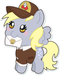 Size: 1609x2000 | Tagged: safe, artist:doctor-g, derpy hooves, pony, g4, blushing, chibi, cute, derpabetes, female, hat, mailmare, mailmare hat, simple background, solo, transparent background, white outline