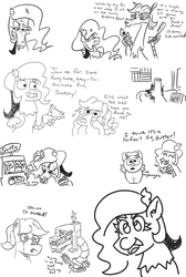 Size: 1024x1524 | Tagged: safe, artist:jargon scott, discord, fluttershy, draconequus, pegasus, pony, g4, black and white, bust, butters, butterscotch, calarts, dialogue, eris, female, grayscale, grinning potato, male, monochrome, rule 63, simple background, sketch, sketch dump, south park, stallion, thin-line style, white background