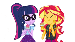 Size: 1280x720 | Tagged: safe, editor:php77, sci-twi, sunset shimmer, twilight sparkle, equestria girls, g4, my little pony equestria girls: better together, super squad goals, clothes, cute, duo, duo female, eyes closed, female, geode of empathy, geode of fauna, geode of shielding, geode of sugar bombs, geode of super speed, geode of super strength, geode of telekinesis, glasses, hand on cheek, jacket, leather jacket, looking at each other, magical geodes, not a vector, ponytail, puffcake, shimmerbetes, simple background, skirt, transparent background, twiabetes